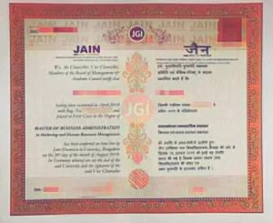 Jain University Bangalore Sample Degree Certificate.