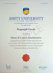 Amity University Online Sample Certificate. UGC Approved and NAAC A+ graded University.