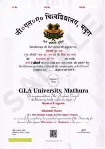 GLA University Sample Degree Certificate. UGC Approved, NAAC Graded A+ University.