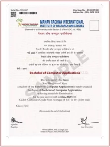 Manav Rachna University Sample Degree Certificate. UGC Approved and NAAC A++ graded University.