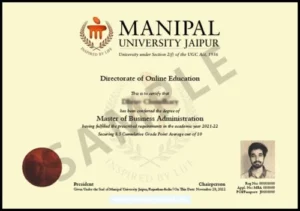 Manipal University Jaipur sample degree certificate. UGC Approved, NAAC A+ graded Online University in Jaipur Rajasthan.