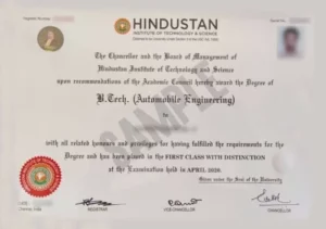 Hindustan University HITS Sample Certificate
