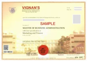 Vignan University, Guntur, Andhra Pradesh Sample degree certificate. UGC Approved and NAAC A+ graded University.